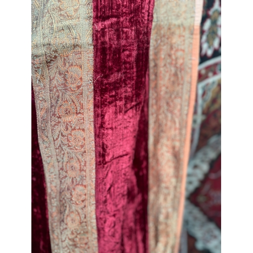 25 - Good quality eastern embroidered silk work throw together with a pair of similar smaller panels (pil... 