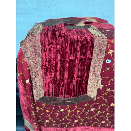 25 - Good quality eastern embroidered silk work throw together with a pair of similar smaller panels (pil... 