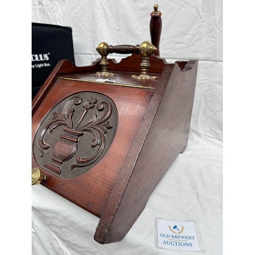 37 - Victorian carved mahogany coal compendium with trowel