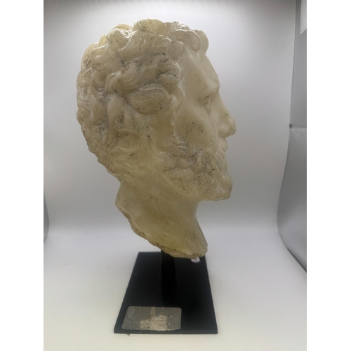 39 - Cast composition (to simulate white marble) bust after the Ancient Greek antique, on simple stand, 3... 