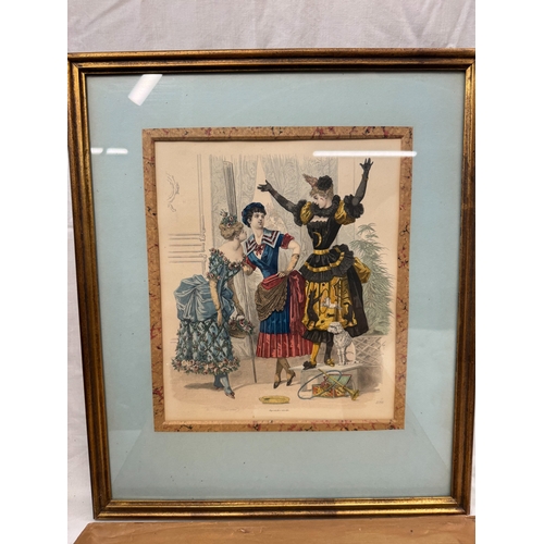 5 - Three antique French fashion lithographs, hand coloured, framed and glazed, marbles slips and gilt f... 