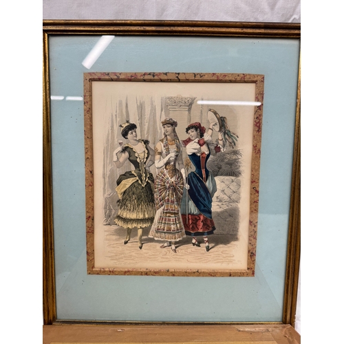 5 - Three antique French fashion lithographs, hand coloured, framed and glazed, marbles slips and gilt f... 