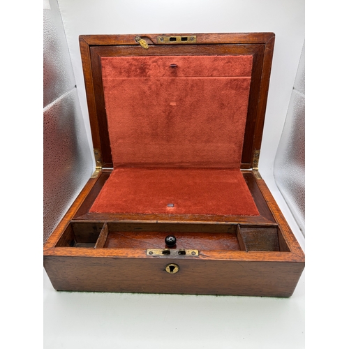 9 - Small Victorian mahogany travelling writing slope, inlaid with mother-of-pearl, 30 x 21cm