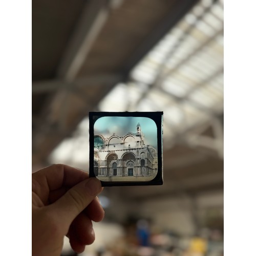7 - Old pine box containing approximately 60 photographic magic lantern slides, subjects to include view... 