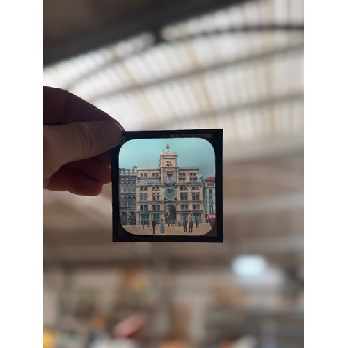 7 - Old pine box containing approximately 60 photographic magic lantern slides, subjects to include view... 