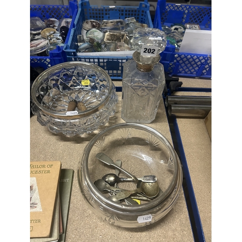 53 - Silver collared glass decanter, two bowls with silver plated mounts  and silver plated cutlery