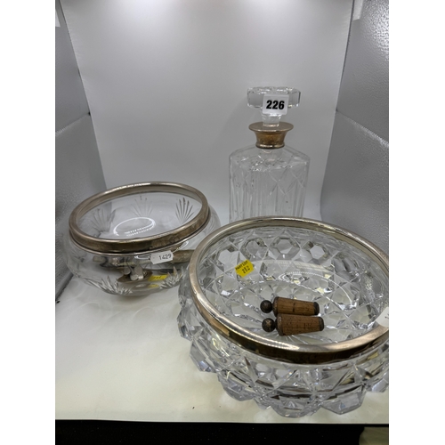 53 - Silver collared glass decanter, two bowls with silver plated mounts  and silver plated cutlery