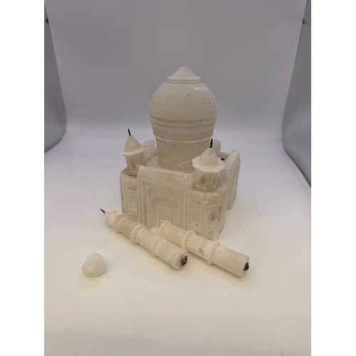 11 - Antique indian carved white alabaster temple model after the Taj Mahal (AF) in an old pine box, with... 