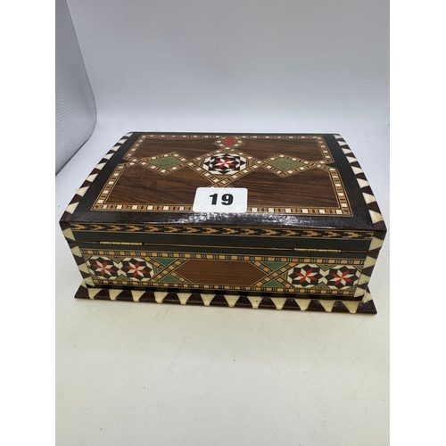 19 - Five various inlaid boxes with bonework and simulated ivory and other parquetry inlaid decoration (5... 