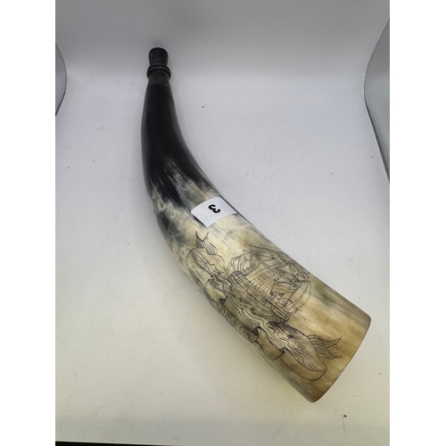 3 - Polished cattle horn powder flask, with scrimshaw type inscription, galleon in full sale above wavy ... 
