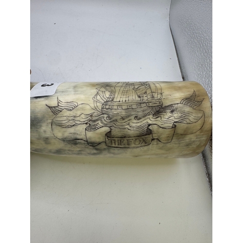 3 - Polished cattle horn powder flask, with scrimshaw type inscription, galleon in full sale above wavy ... 