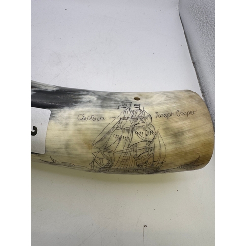 3 - Polished cattle horn powder flask, with scrimshaw type inscription, galleon in full sale above wavy ... 