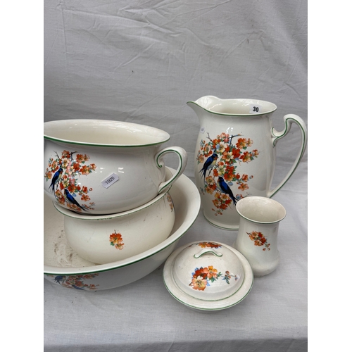 30 - Five piece Crownford ‘Blossomtime’ Burslem wash set comprising wash bowl, jug  two chamber pots, vas... 