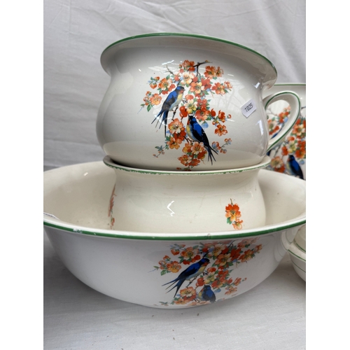 30 - Five piece Crownford ‘Blossomtime’ Burslem wash set comprising wash bowl, jug  two chamber pots, vas... 