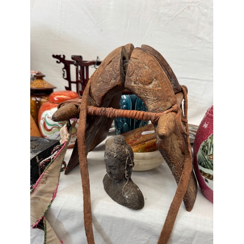 37 - Interesting mixed collection Asian decorative arts to include Chinese porcelain jar and cover with s... 