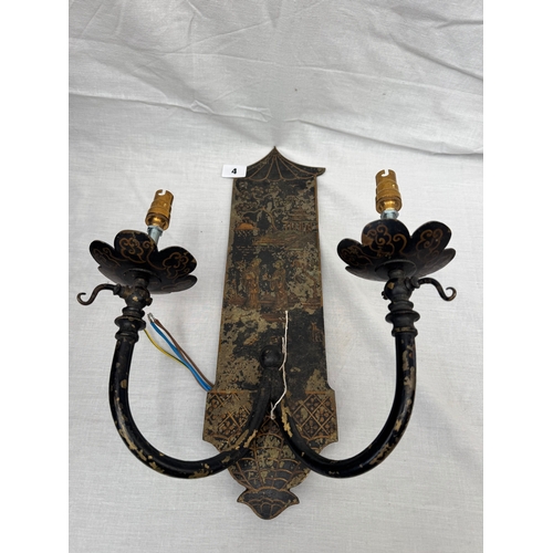 4 - Antique toleware twin-sconce wall light / girandole with painted Chinoiserie lacquered detail, 43cm ... 