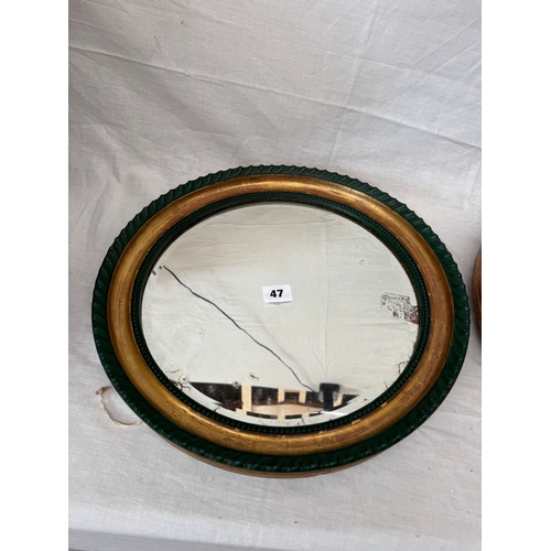 47 - Pair of Regency style circular wall mirrors with painted and gilt framed borders and bevelled plates... 