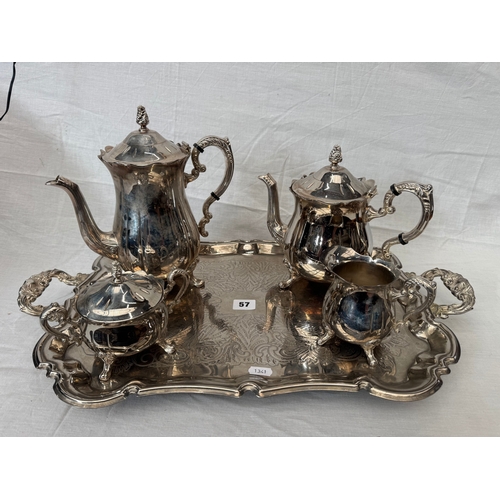 57 - Silver plated drinks’ service comprising twin-handled drinks tray, tea port, coffee pot, twin-handle... 