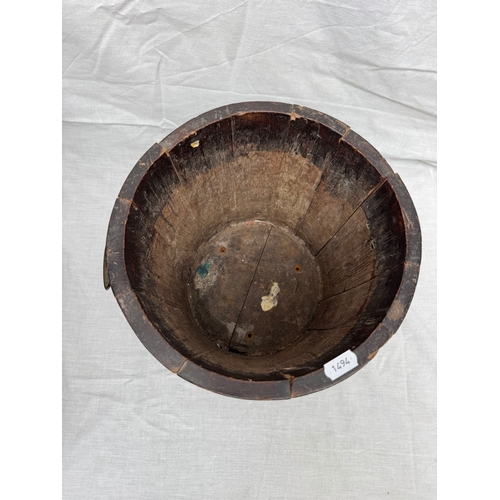 6 - Antique coopered and lacquered oak bucket / pale, twin-handled, 23cm high, 25cm diameter