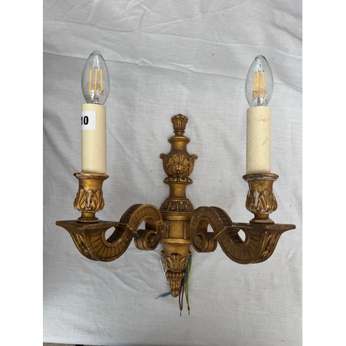1 - Pair of antique carved and gilt wood twin-branch wall lights, 25cm high