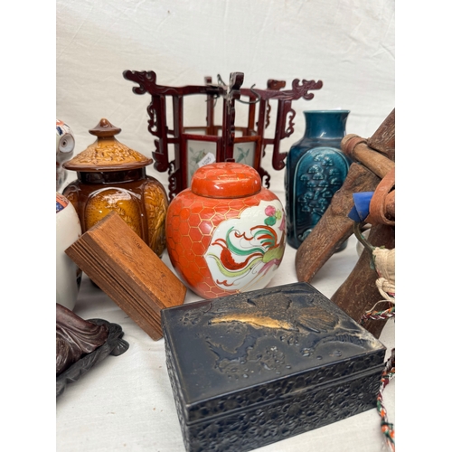 22 - Interesting mixed collection Asian decorative arts to include Chinese porcelain jar and cover with s... 
