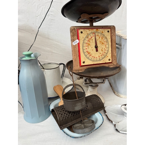 29 - Mixed collection of antique and vintage domestic kitchen enamel items to include bread bin and cover... 