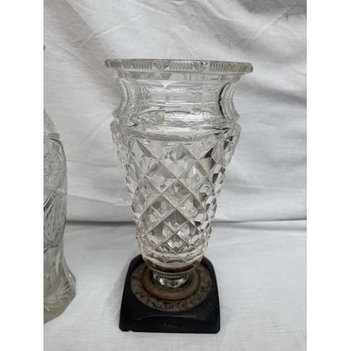 12 - Three various heavy clear cut glass vases, 31cm high maximum (3)