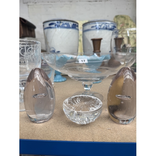 22 - Mixed antique and later glasswear to include an over sized hand-blown rummer, a pair of blue slag gl... 