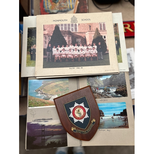 131 - Vintage box lot of ephemera, old greetings cards, calendars, Avon Fire Brigade wall shields, etc
