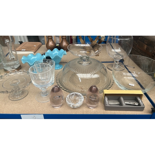 22 - Mixed antique and later glasswear to include an over sized hand-blown rummer, a pair of blue slag gl... 
