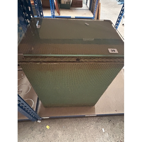 39 - Vintage green Lloyd loom glass topped laundry basket