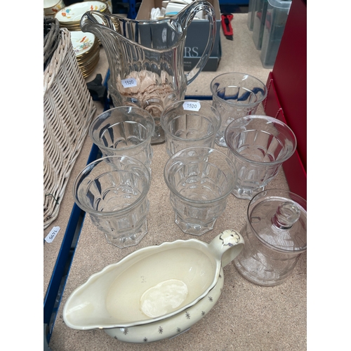 48 - Vintage 20th century pressed glass lemonade set, preserve jar etc