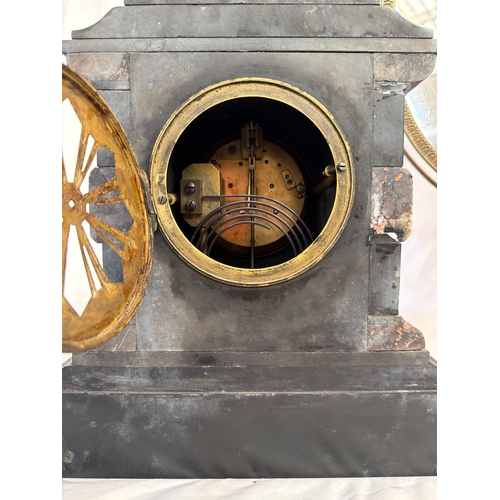 19 - Vintage Slate clock with marble detail (with key) and reproduction brass mirror
