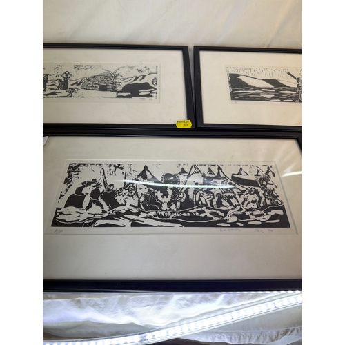 33 - Framed black and white linocut prints (3) artist named N. Geoze.