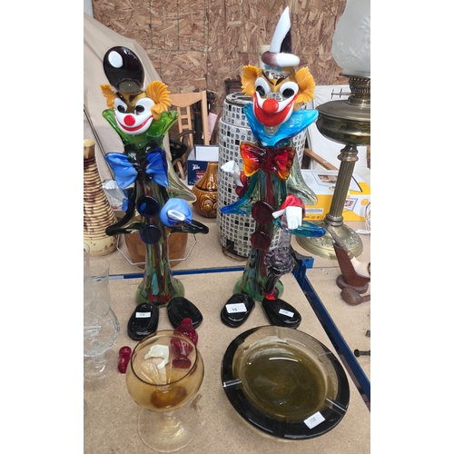 15 - Pair of Murano glass clowns {a/f} together with a mid century ashtray and further amber glass bowl