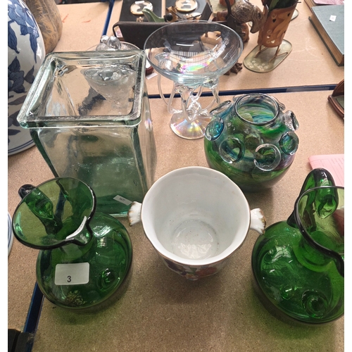 3 - Collection of glassware to include iridescent glass compote and 2x green Carafe's.