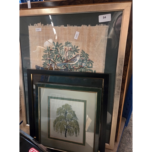 54 - Collection of framed pictures including a cross stitch