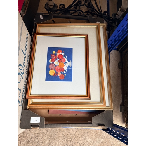 27 - Frames cross stitch together with a collection of framed prints