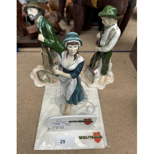 25 - Three Welsh Crest bone china figurines to include fisherman, cockle seller and shrimpman, with prese... 