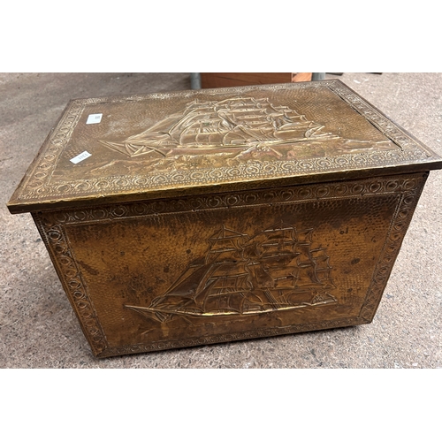 55 - Antique brass coal box with ship decoration to lid, together with a quantity of associated fire tool... 