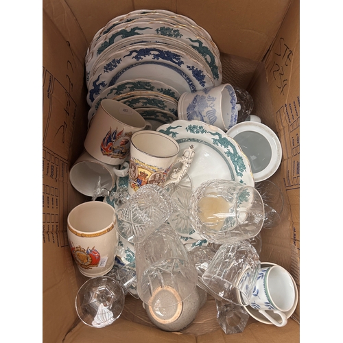 57 - Quantity of assorted ceramics and glassware to include commemorative mugs, Chinese dragon dinner war... 