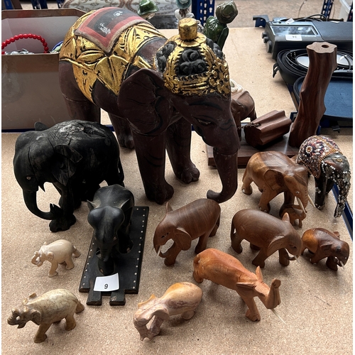 9 - Collection of Eastern/African elephant ornaments to include treen and carved stone examples