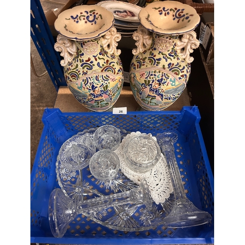 26 - Antique cut glass vanity set together with a pair of Chinese vases