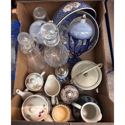 27 - Mixed quantity of ceramics and glassware to include Wedgwood jasper ware, glass decanters, studio gl... 