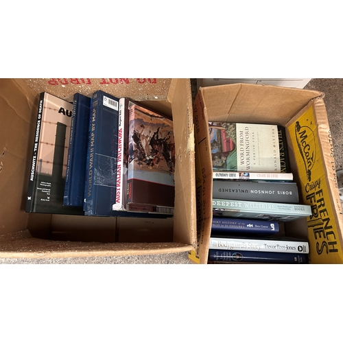 39 - Two boxes of assorted books to include history, autobiographical and fiction examples