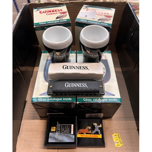 9 - Mixed quantity of Guinness collectables to include four boxed goblets, harmonica, enamel badge etc