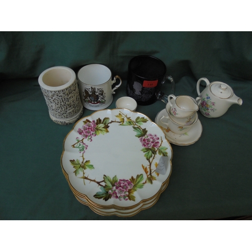 140 - 6 selection of ceramic plates, tea cups, mugs and glass container