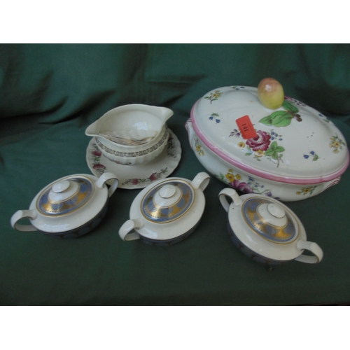 141 - Large ceramic flowered lidded tureen, 3 Spode lidded sugar containers and additional pouring jug