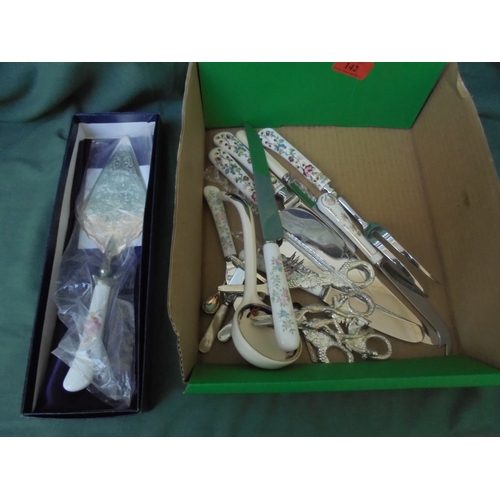 142 - Mixed box of ceramic handled knives, cake servers and other