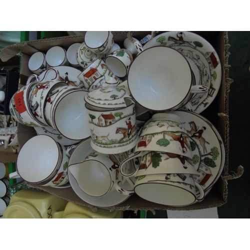 143 - Large selection of Staffordshire china cups, saucers, bowls, tea cups and others with fox hunting sc... 